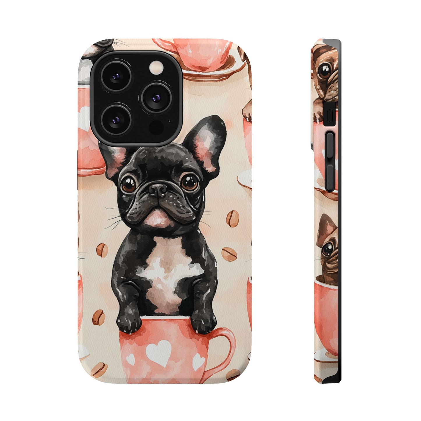 French Bulldogs in Coffee Cup MagSafe iPhone Case – Cute Dog Art, Shockproof & Slim Design