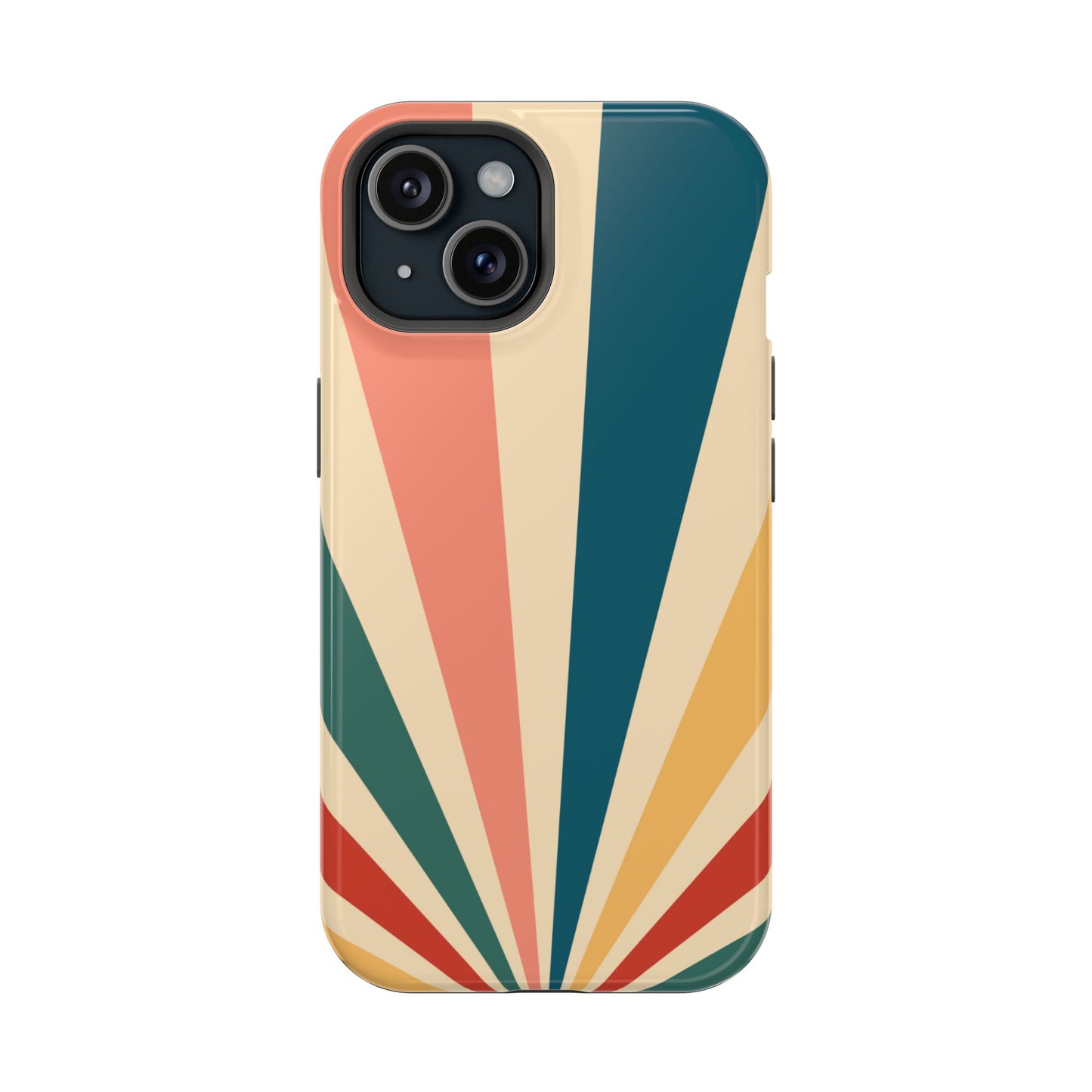 Retro Sunbeam MagSafe iPhone Case – 70s-Inspired Radiating Stripes in Coral, Teal, and Mustard