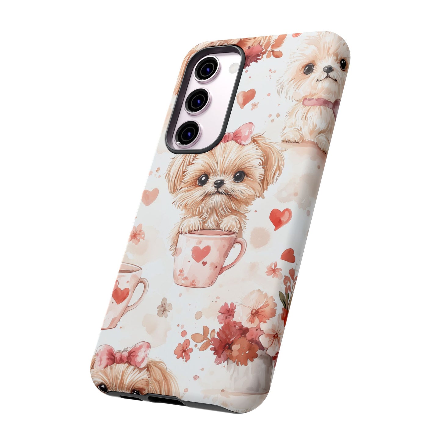 Puppies & Heart Mugs Samsung Galaxy Case – Sweet Dog & Floral Design, Shockproof & Slim