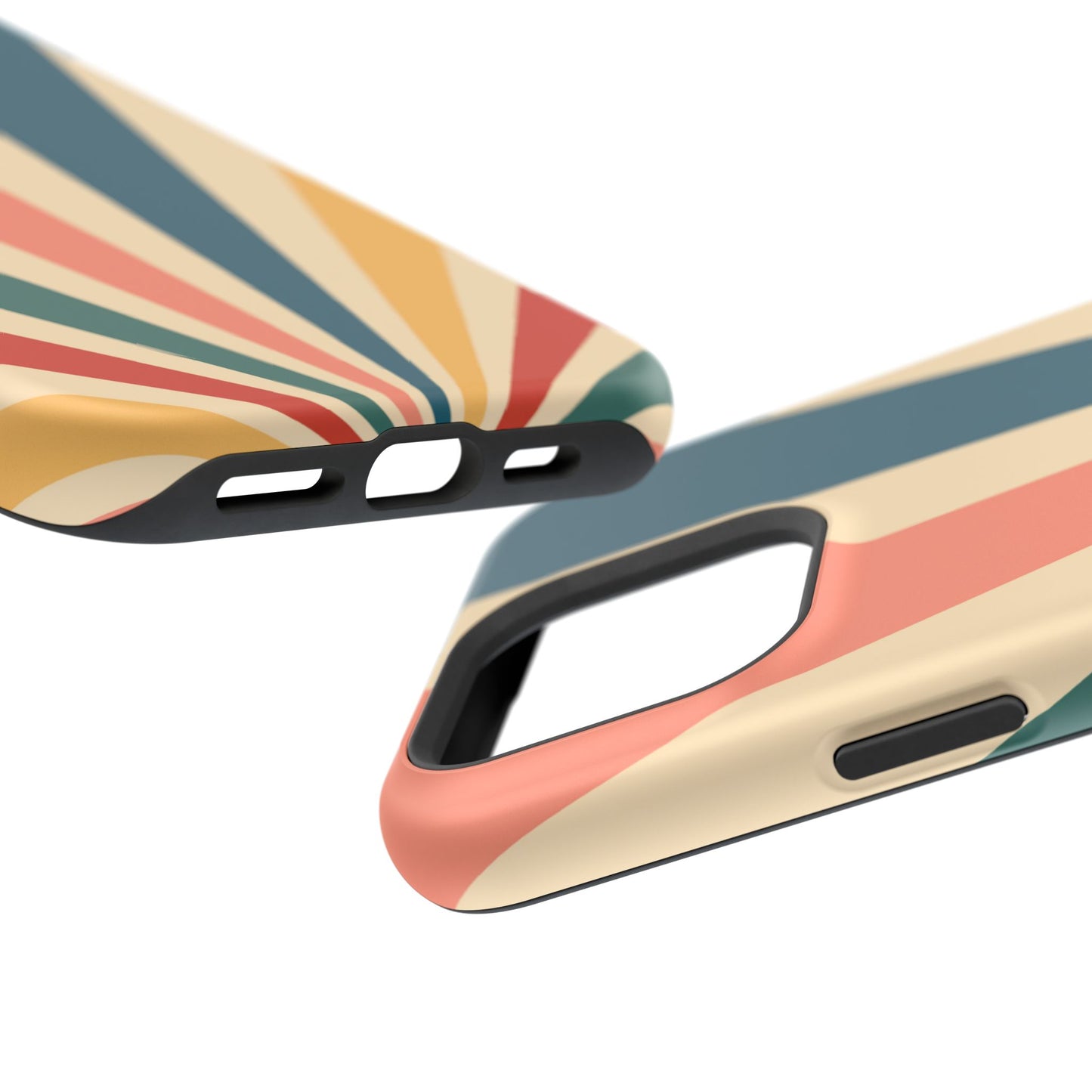 Retro Sunbeam MagSafe iPhone Case – 70s-Inspired Radiating Stripes in Coral, Teal, and Mustard