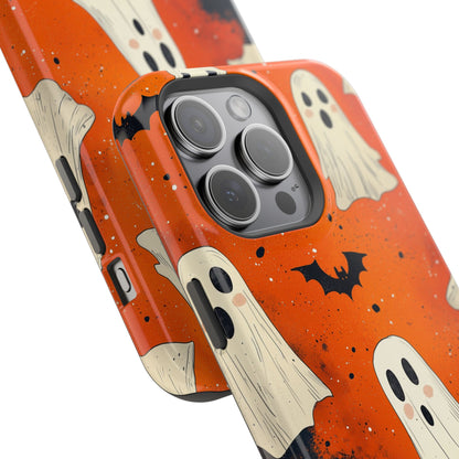 Spooky Ghosts & Bats  MagSafe iPhone Case – Vibrant Orange Halloween Design