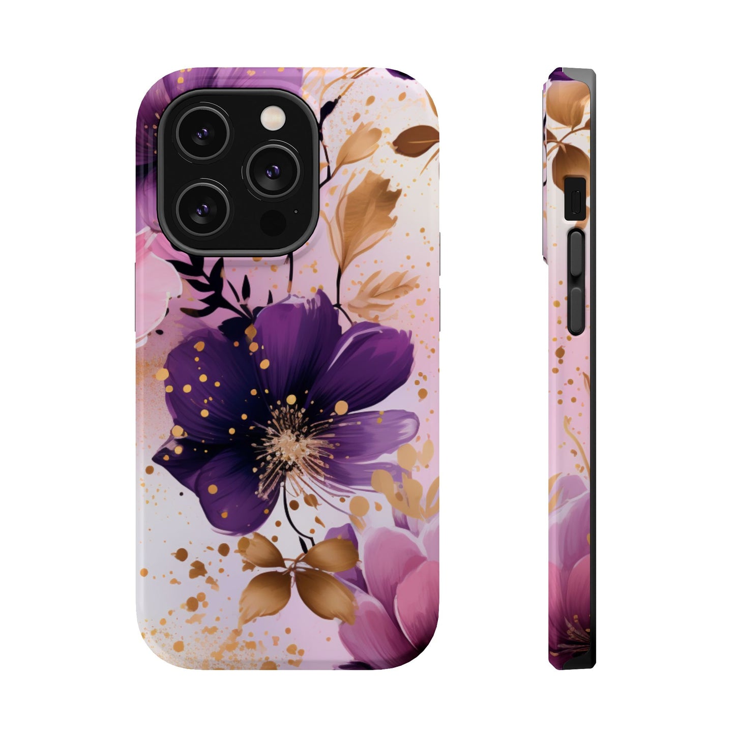 Elegant Purple & Gold Floral MagSafe iPhone Case - Luxe Flower Design