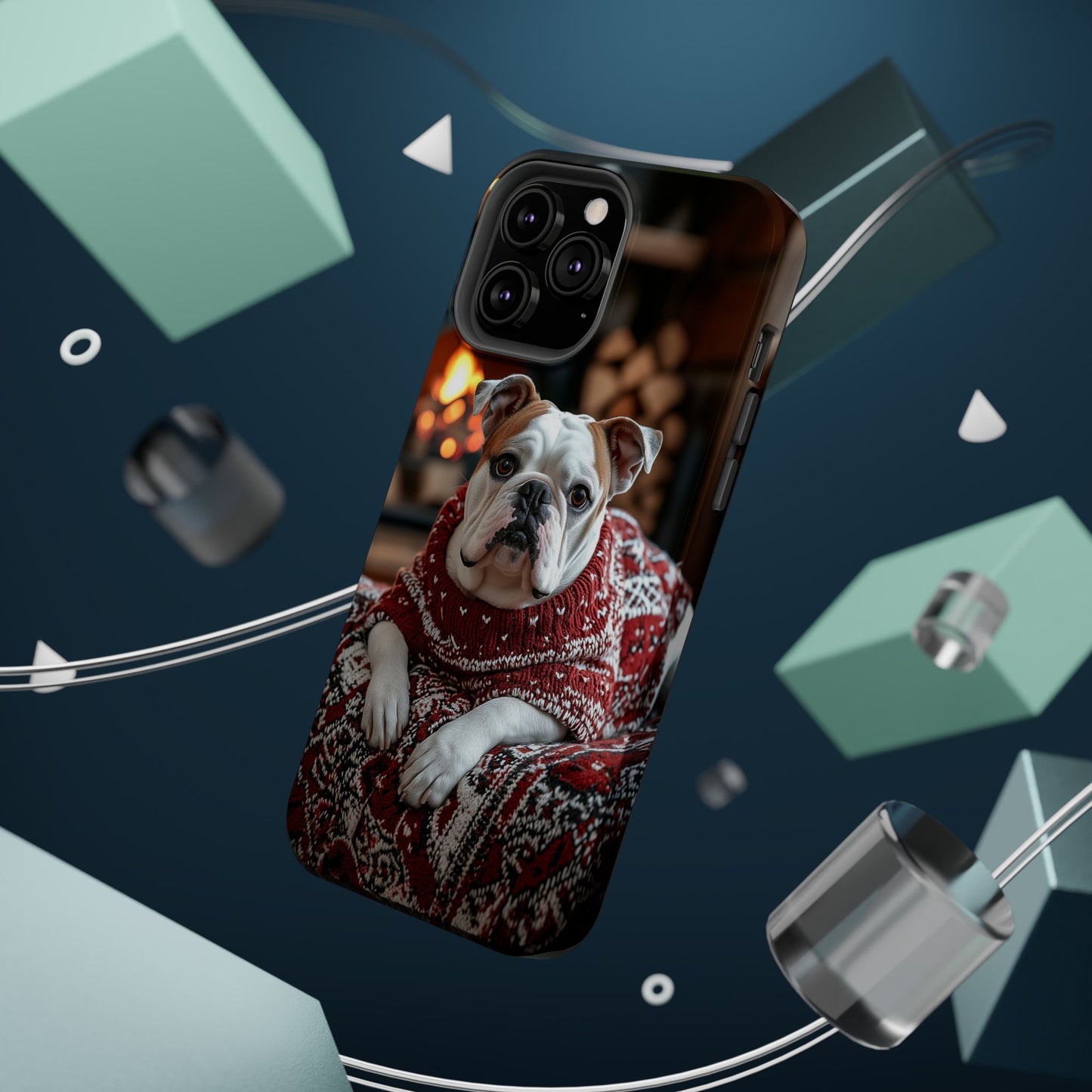 Cozy Bulldog in Sweater MagSafe iPhone Case – Festive Fireplace Protective Cover