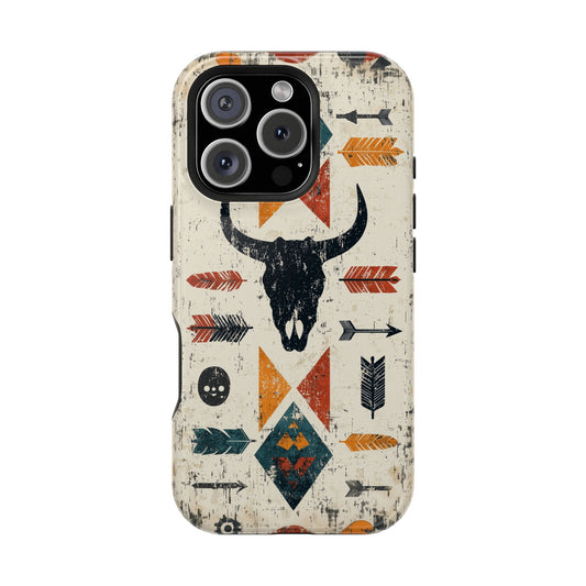 Tribal Bull Skull & Arrows Tough MagSafe iPhone Case – Rustic Western Design, Dual-Layer Protection