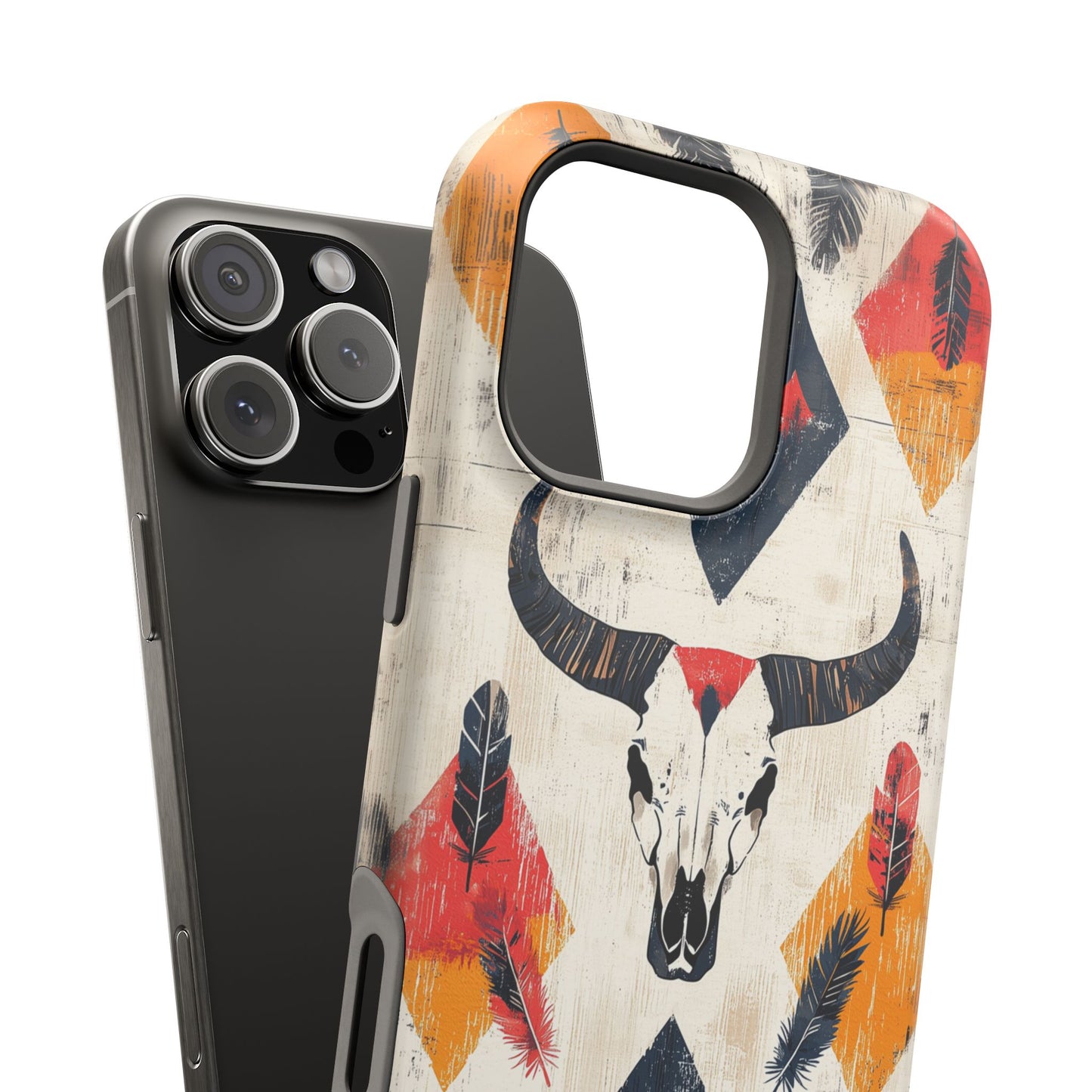 Western Bull Skull & Feathers Tough Mag Safe iPhone Case – Bold Tribal Design, Dual-Layer Protection