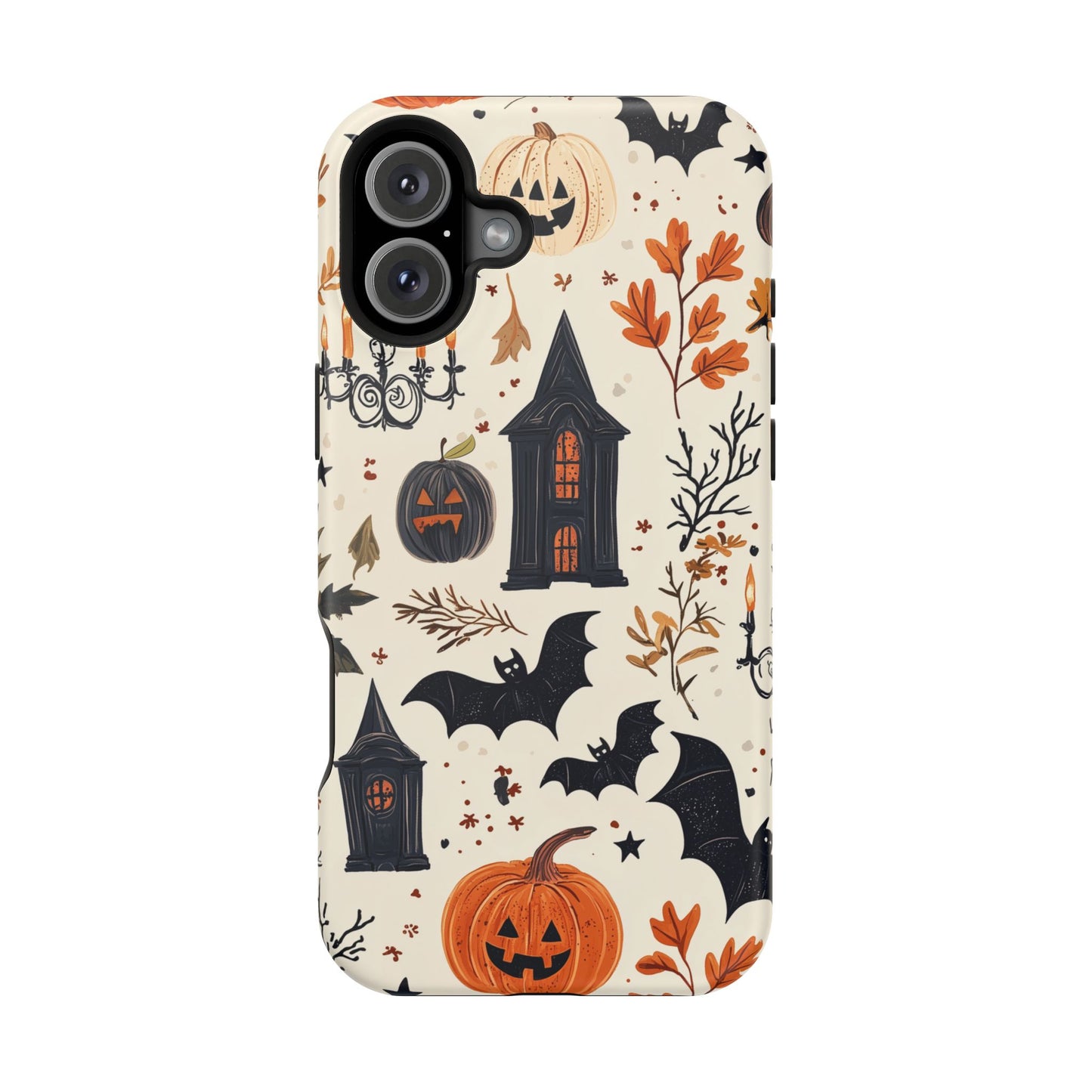 Haunted Halloween MagSafe iPhone Case – Haunted House, Bats, and Pumpkins Design