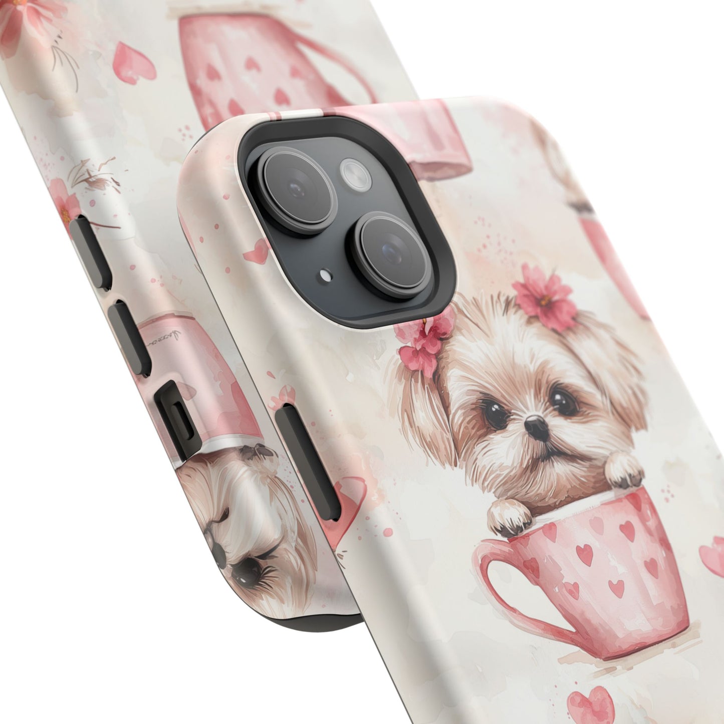 Floral Puppy in Teacup MagSafe iPhone Case – Cute Pink Flower Design, Tough Dual-Layer Protection