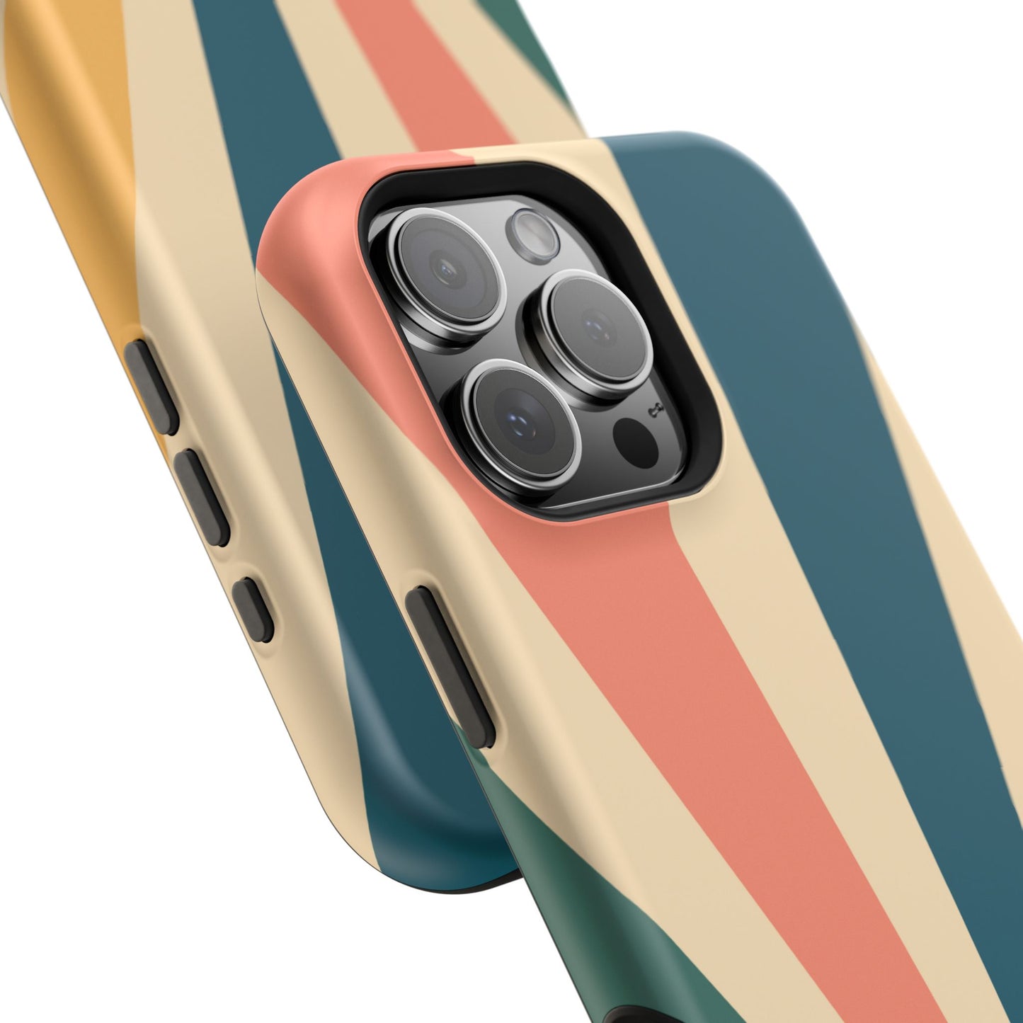 Retro Sunbeam MagSafe iPhone Case – 70s-Inspired Radiating Stripes in Coral, Teal, and Mustard