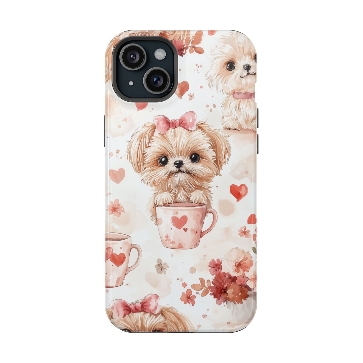 Puppies & Heart Mugs MagSafe iPhone Case – Sweet Dog & Floral Design, Shockproof & Slim