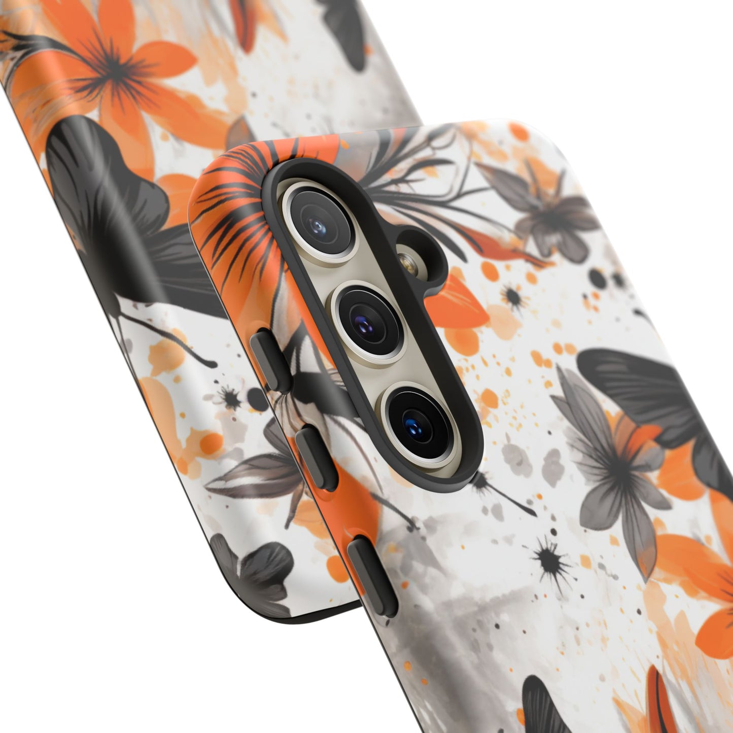Orange Blossom & Black Butterfly Samsung Galaxy Case – Bold Floral Pattern with Modern Abstract Style