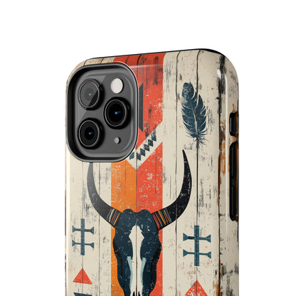 Rustic Western Bull Skull Tough iPhone Case – Distressed Wood Design, Dual - Layer Protection - BOGO Cases