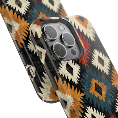 Rustic Tribal Sunburst Tough MagSafe iPhone Case – Vibrant Geometric Design, Dual-Layer Protection