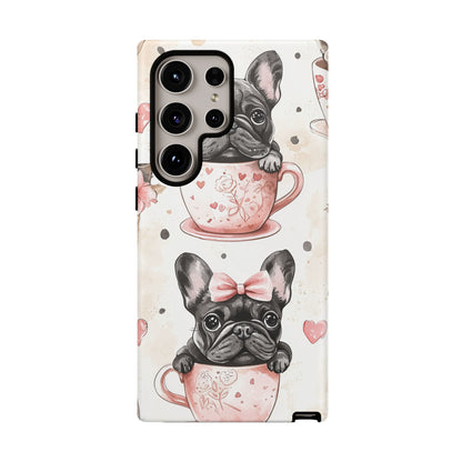 French Bulldogs in Teacups Samsung Galaxy Case – Cute Dog Design with Hearts & Bows, Shockproof & Slim