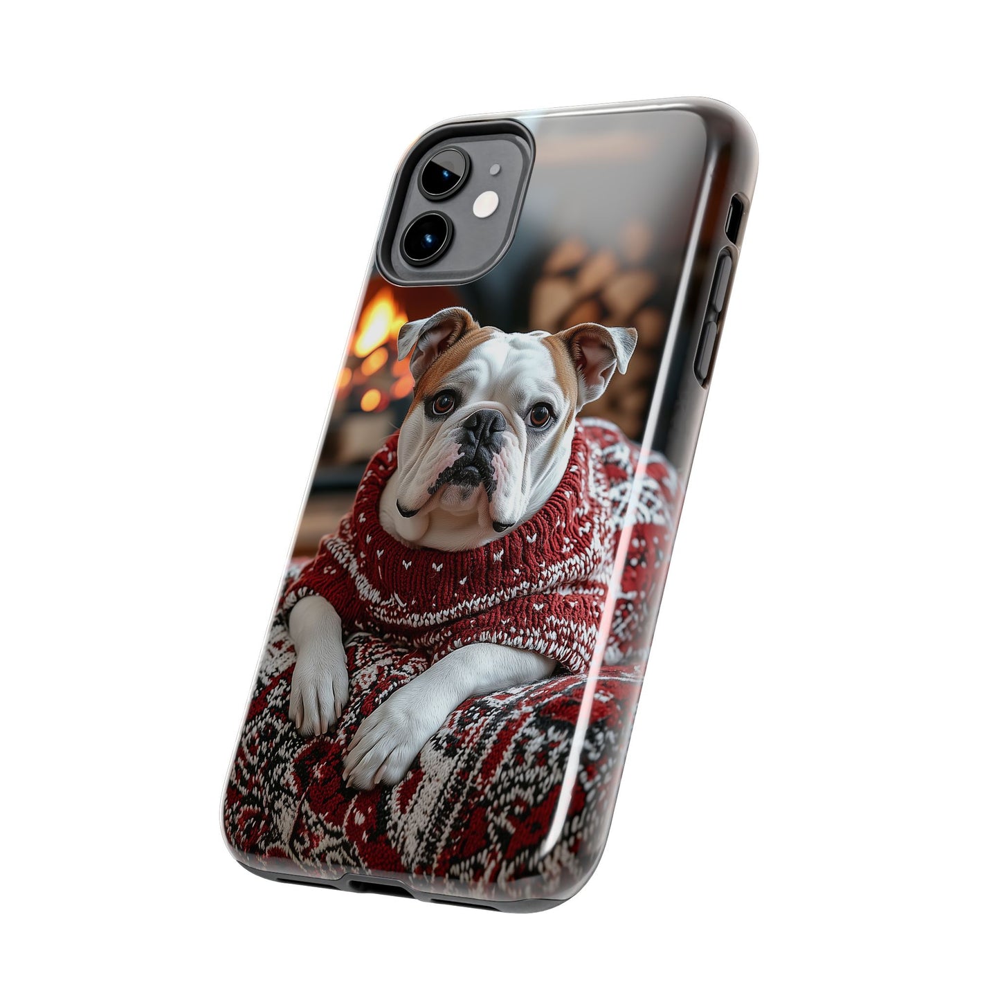 Cozy Bulldog in Sweater iPhone Case – Festive Fireplace Protective Cover