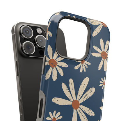 Vintage Daisies MagSafe iPhone Case – Navy Blue Floral Design, Scratch-Resistant with Shock-Absorbing Bumper