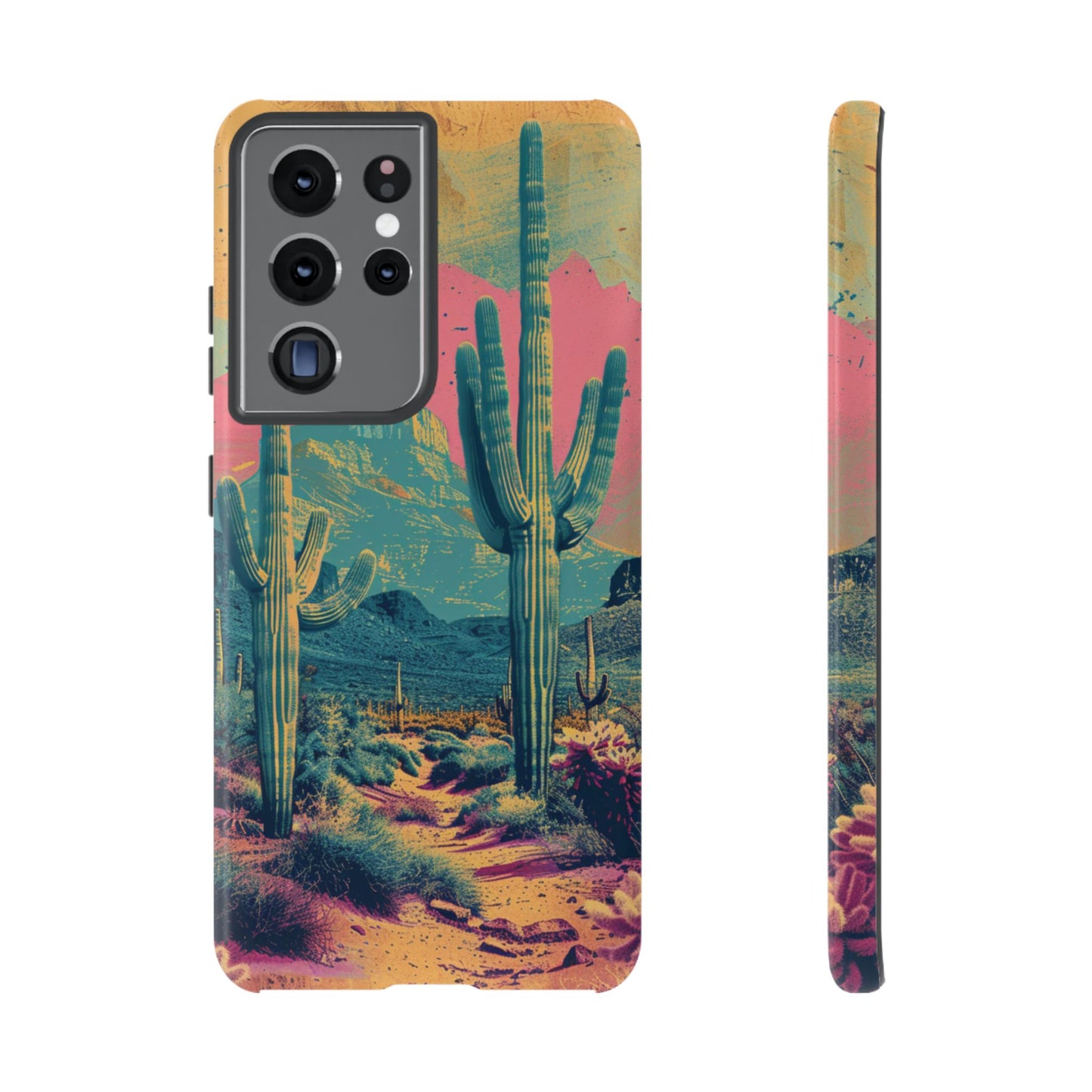 Desert Oasis Retro Cactus Phone Case - Vibrant Sunset Landscape for iPhone 15/14/13/12, Samsung S24/S23/S22/S21, & Google Pixel