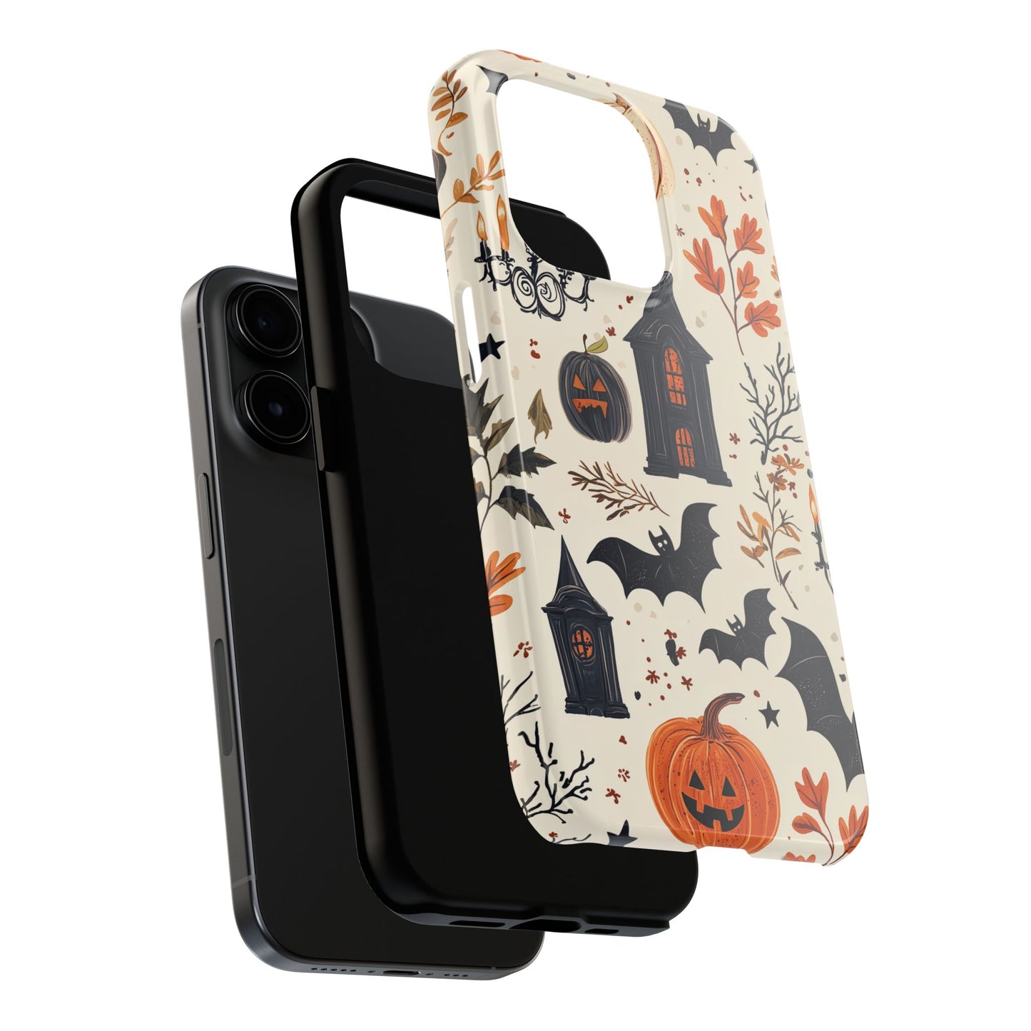 Haunted Halloween iPhone Case – Haunted House, Bats, and Pumpkins Design