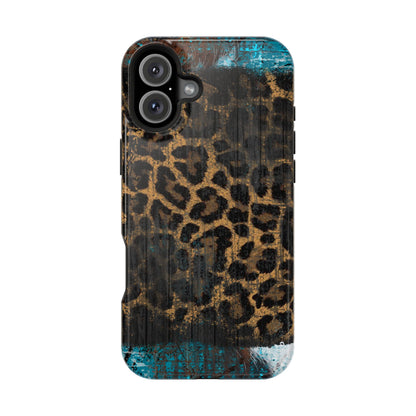 Boho Leopard and Turquoise Tough MagSafe iPhone Case – Rustic Western Design with Dual-Layer Protection