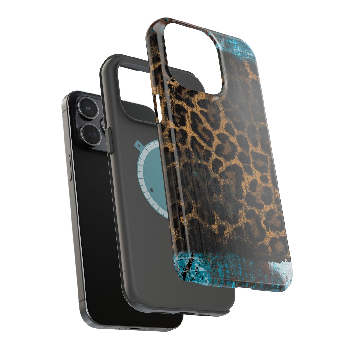 Boho Leopard and Turquoise Tough MagSafe iPhone Case – Rustic Western Design with Dual-Layer Protection