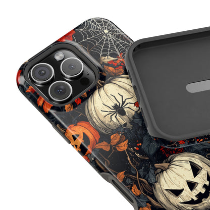 Hauntingly Elegant Halloween MagSafe iPhone Case – Pumpkins, Spiders, and Autumn Leaves Design