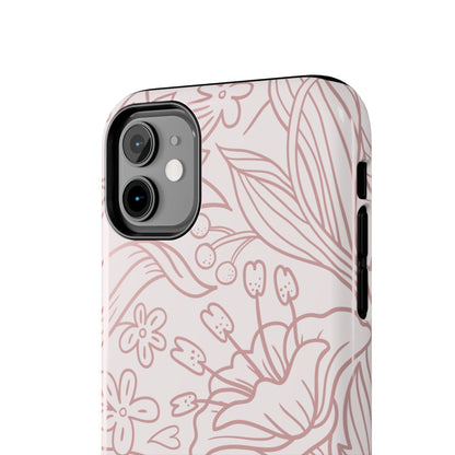 Blush Floral Line Art Tough iPhone Case – Delicate Minimalist Design with Dual-Layer Protection