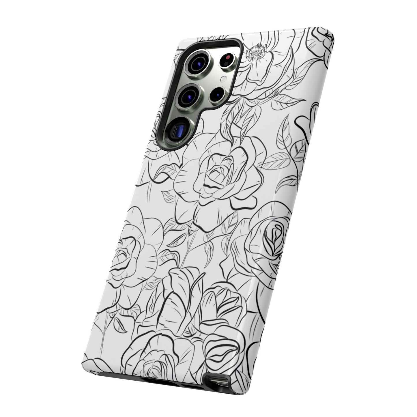 Monochrome Rose Garden Tough Samsung Galaxy Case – Elegant Floral Line Art with Dual-Layer Protection