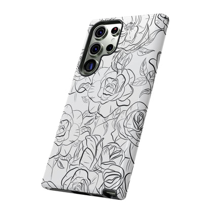 Monochrome Rose Garden Tough Samsung Galaxy Case – Elegant Floral Line Art with Dual-Layer Protection