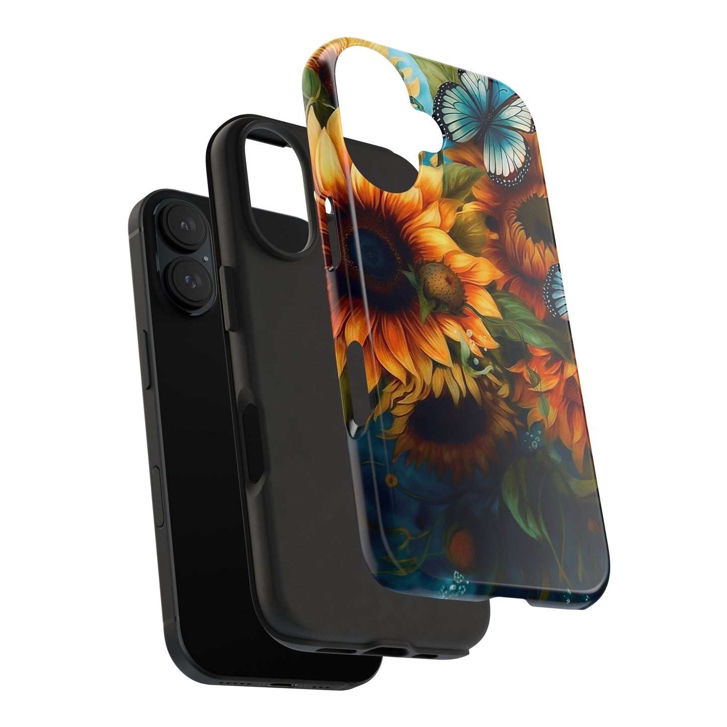 Aqua Blue Butterfly & Sunflower Art – iPhone Case