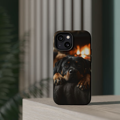 Cozy Rottweiler by the Fireplace MagSafe iPhone Case – Warm Rustic Design