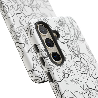 Monochrome Rose Garden Tough Samsung Galaxy Case – Elegant Floral Line Art with Dual-Layer Protection