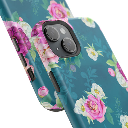 Elegant Peony Bouquet MagSafe iPhone Case – Deep Teal Background with Romantic Floral Design