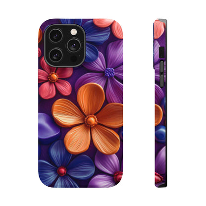 Bold Floral 3D MagSafe iPhone Case – Vivid Purple and Orange Flower Design, Shock-Resistant