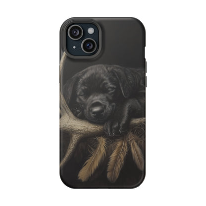 Adorable Black Labrador Puppy on Feathers MagSafe iPhone Case