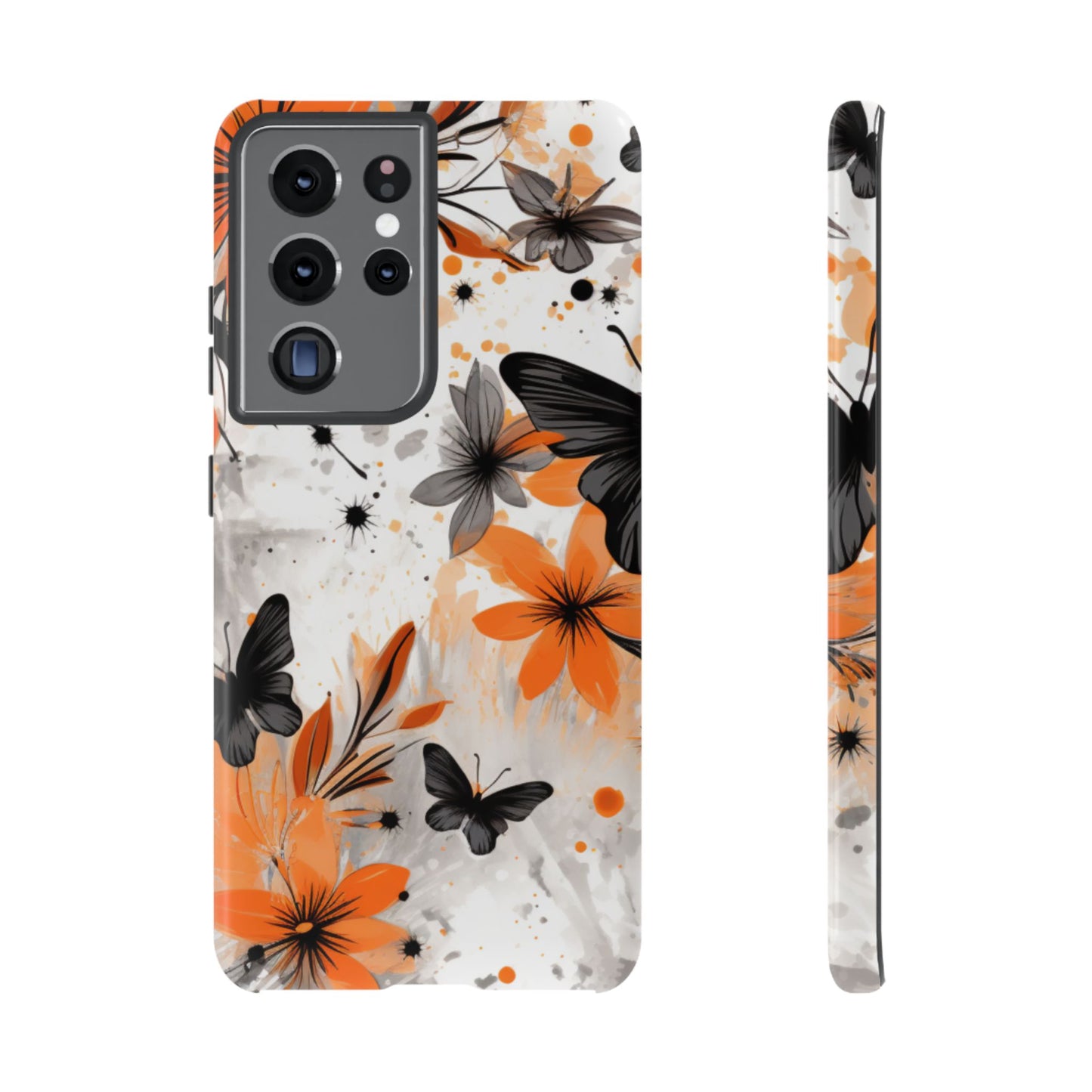Orange Blossom & Black Butterfly Samsung Galaxy Case – Bold Floral Pattern with Modern Abstract Style
