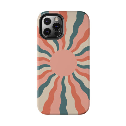 Retro Sunburst iPhone Case – Bold 70s-Inspired Waves in Coral, Teal, and Cream