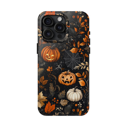 Elegant Halloween iPhone Case – Pumpkin Jack-o'-Lanterns, Cobwebs & Autumn Foliage Design