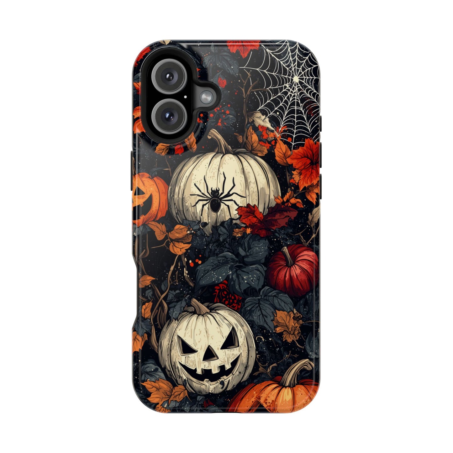 Hauntingly Elegant Halloween MagSafe iPhone Case – Pumpkins, Spiders, and Autumn Leaves Design