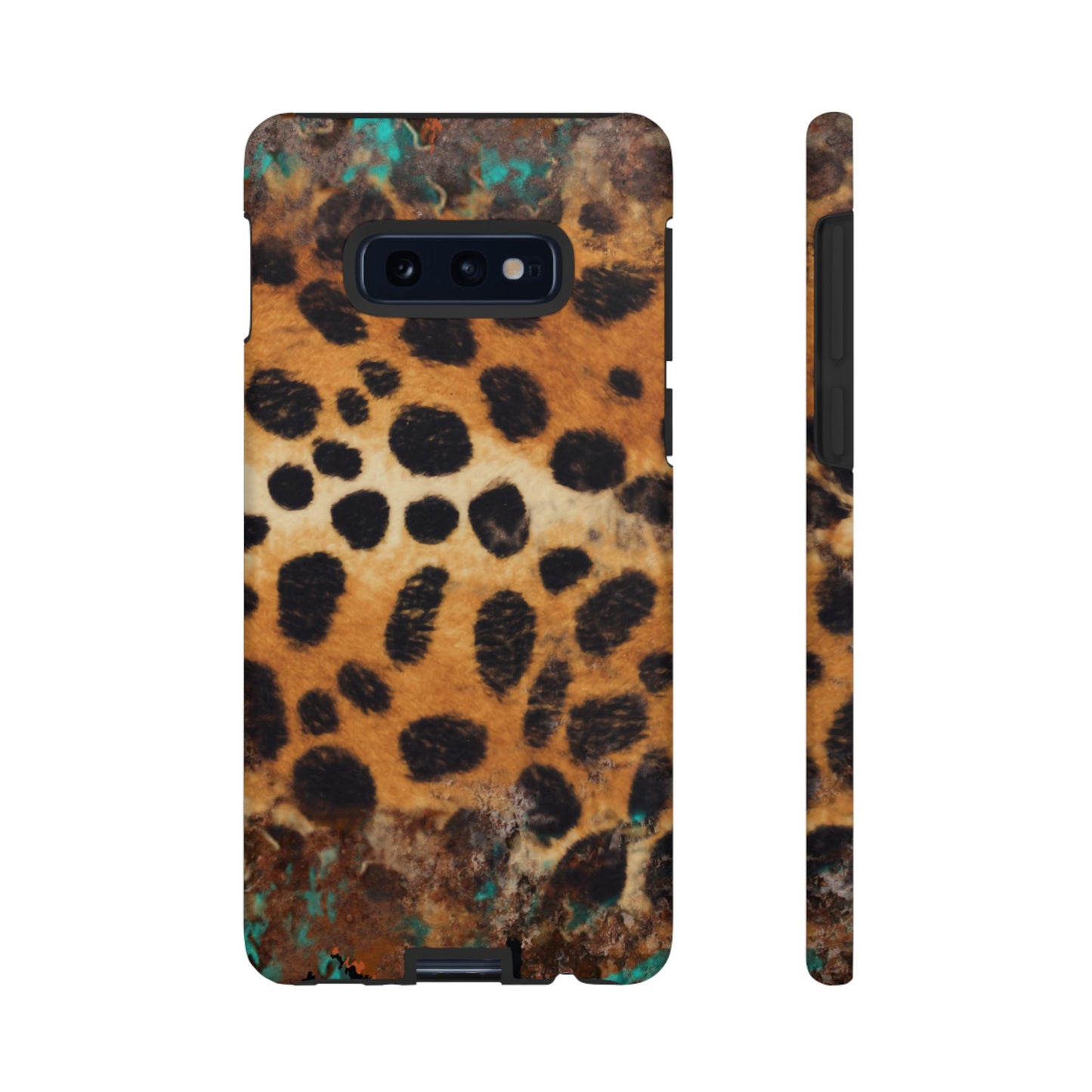 Rustic Leopard Print Tough Samsung Galaxy Case – Distressed Turquoise and Animal Pattern with Dual-Layer Protection