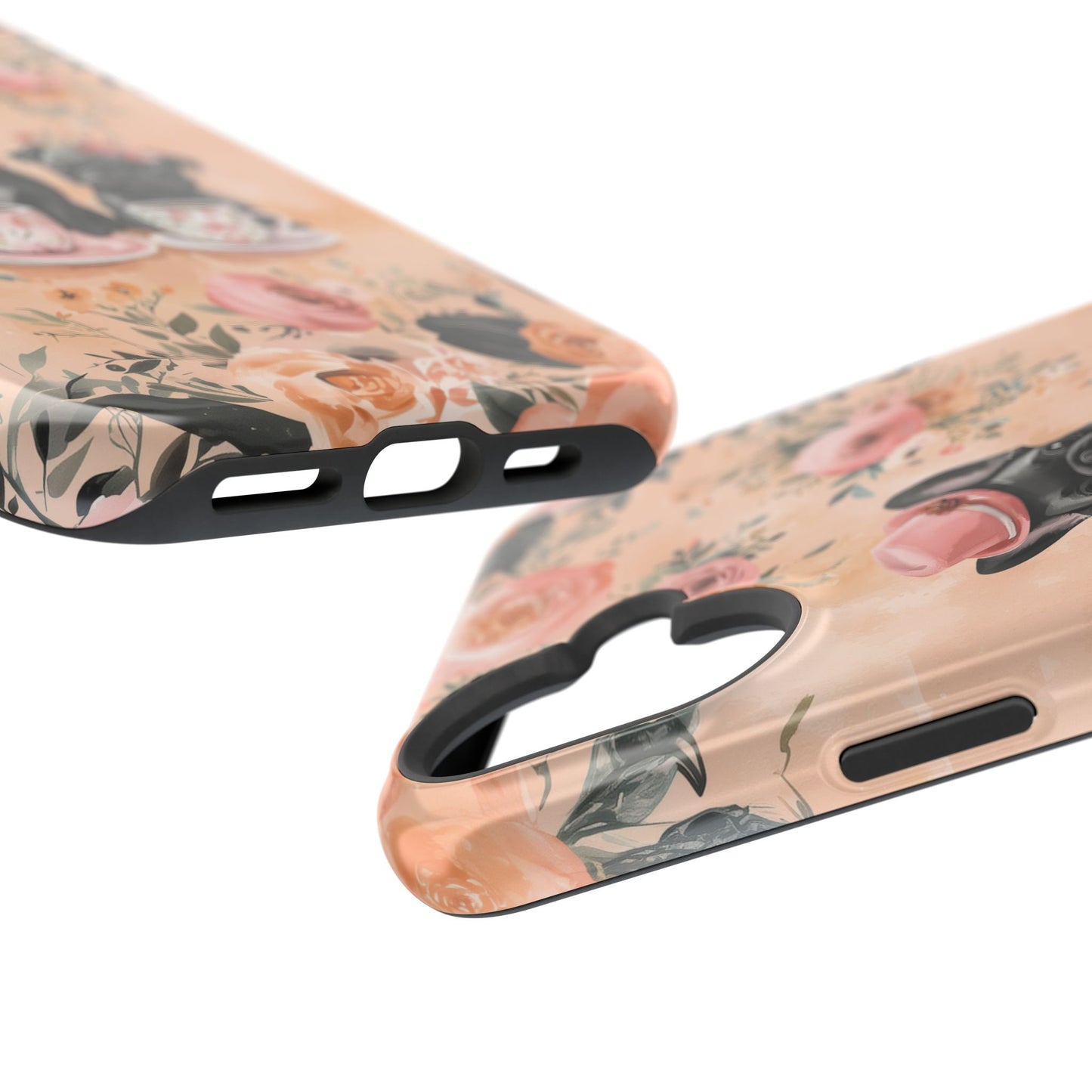 Floral French Bulldogs MagSafe iPhone Case – Elegant Dog Design with Tea Cups & Roses, Shockproof Protection