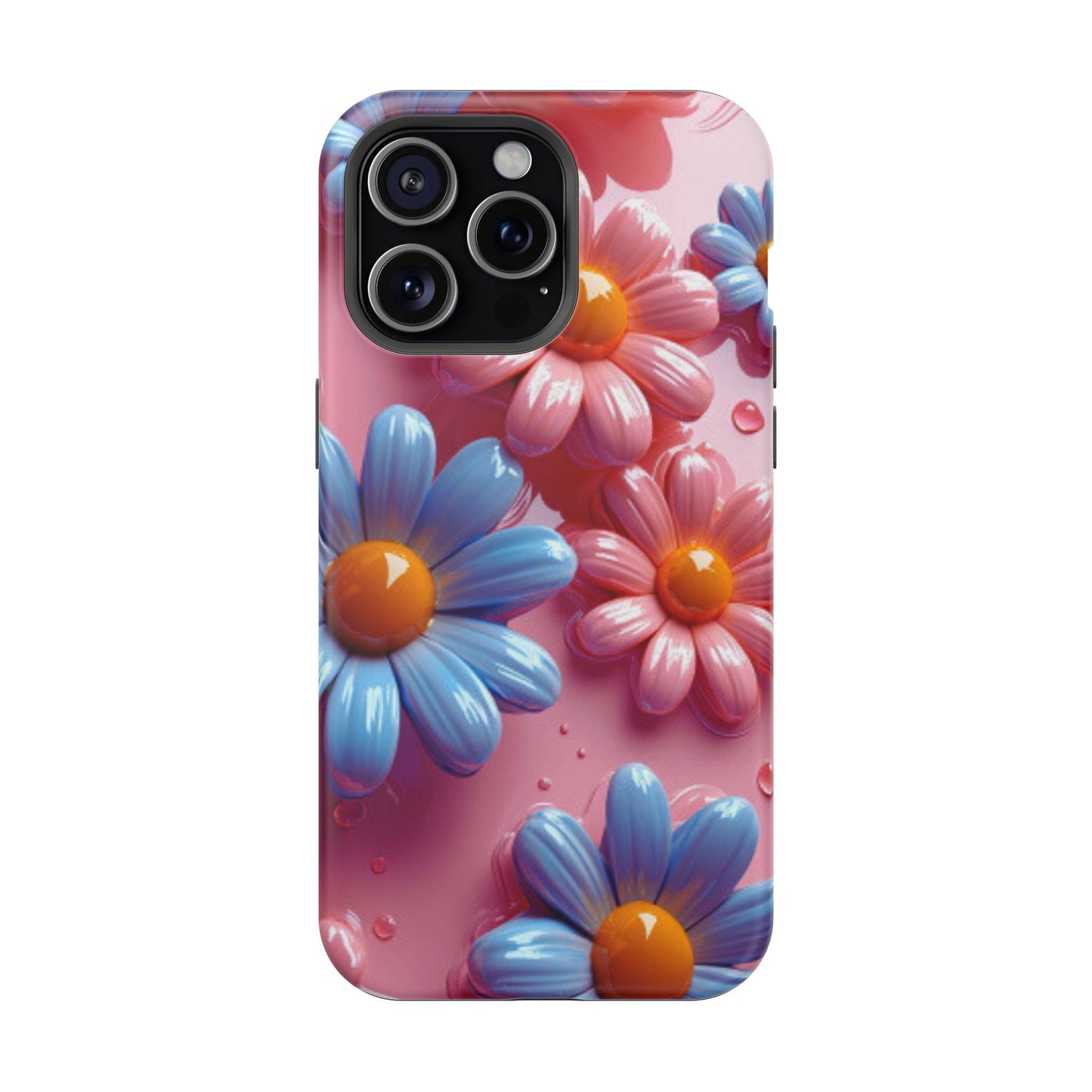 Pastel Daisy 3D MagSafe iPhone Case – Glossy Pink and Blue Floral Design, Full Protection