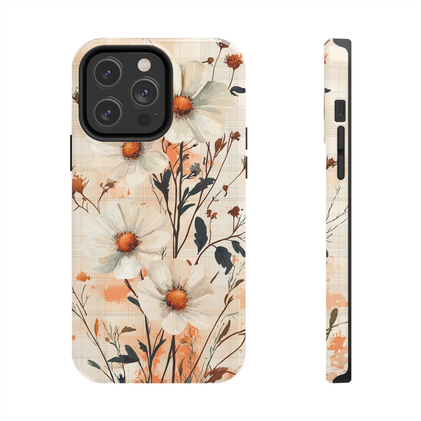 Pastel Orange Floral iPhone Case - Elegant Plaid Protective Cover