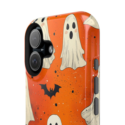 Spooky Ghosts & Bats  MagSafe iPhone Case – Vibrant Orange Halloween Design