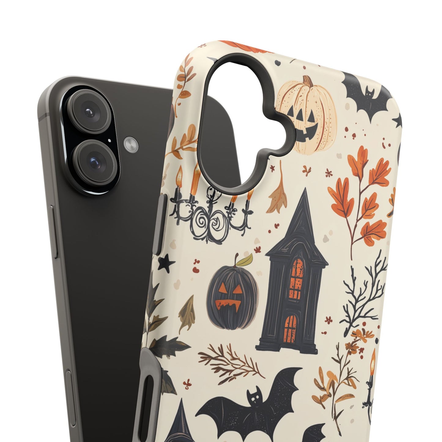 Haunted Halloween MagSafe iPhone Case – Haunted House, Bats, and Pumpkins Design