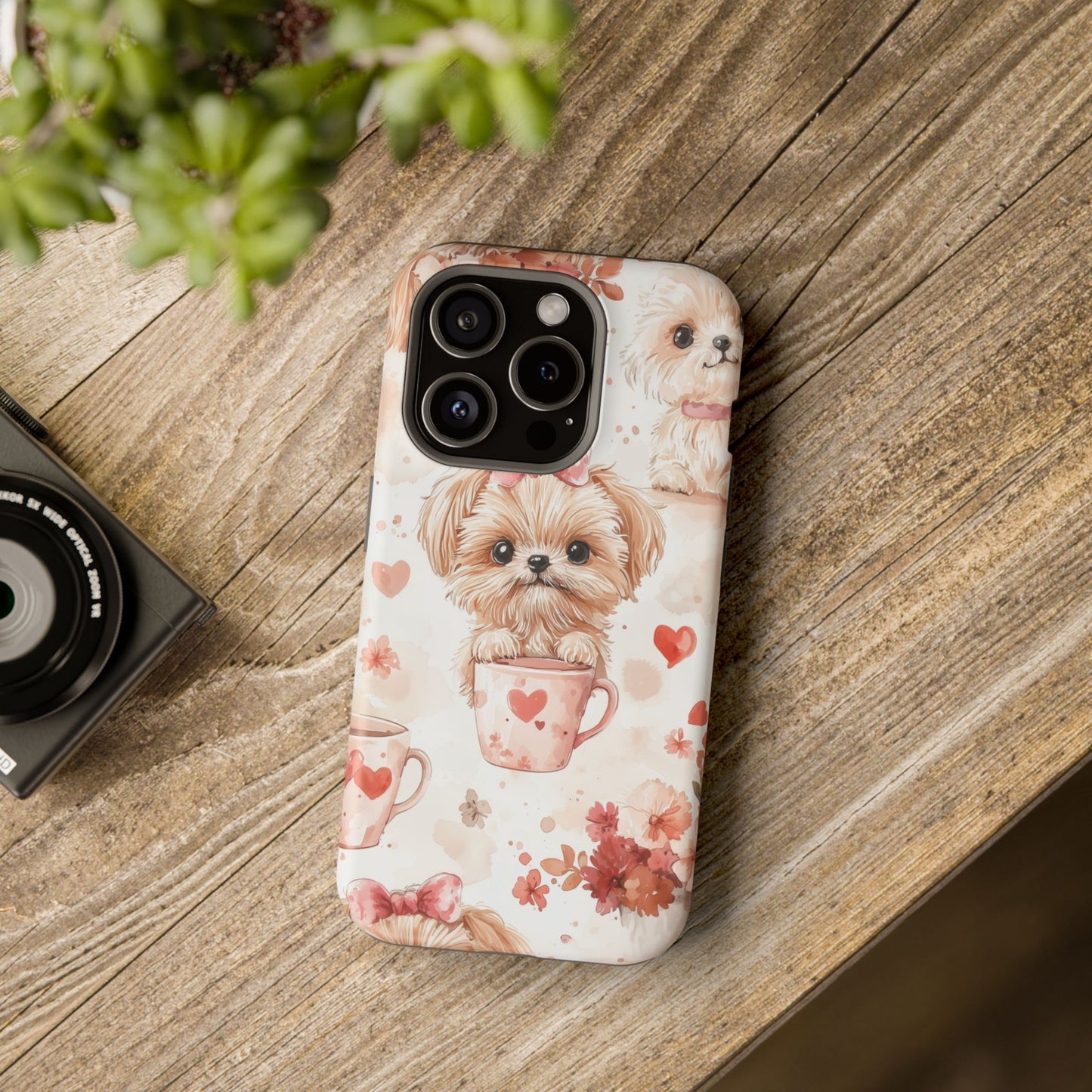 Puppies & Heart Mugs MagSafe iPhone Case – Sweet Dog & Floral Design, Shockproof & Slim