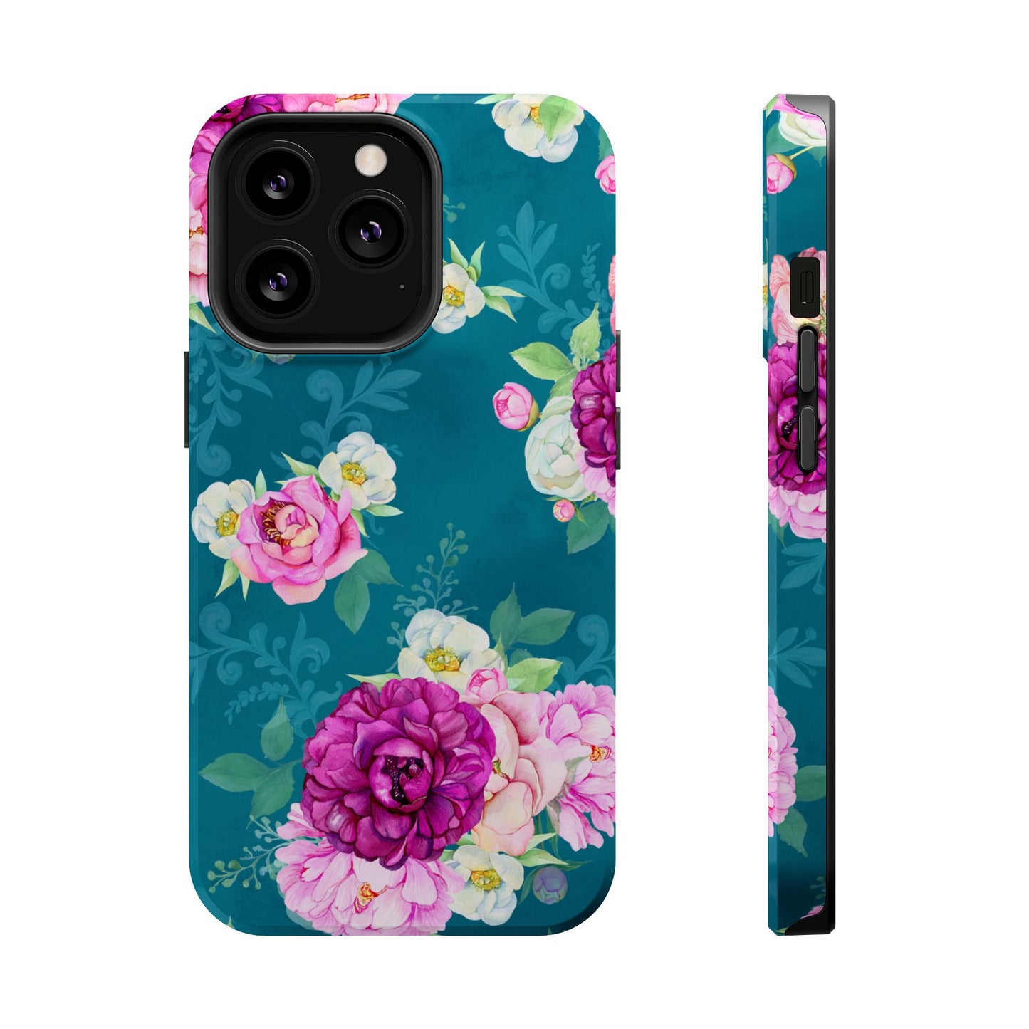 Elegant Peony Bouquet MagSafe iPhone Case – Deep Teal Background with Romantic Floral Design