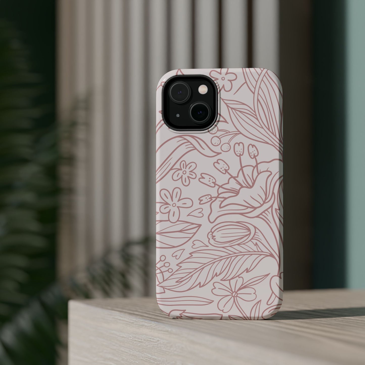 Blush Floral Line Art Tough MagSafe iPhone Case – Delicate Minimalist Design with Dual-Layer Protection