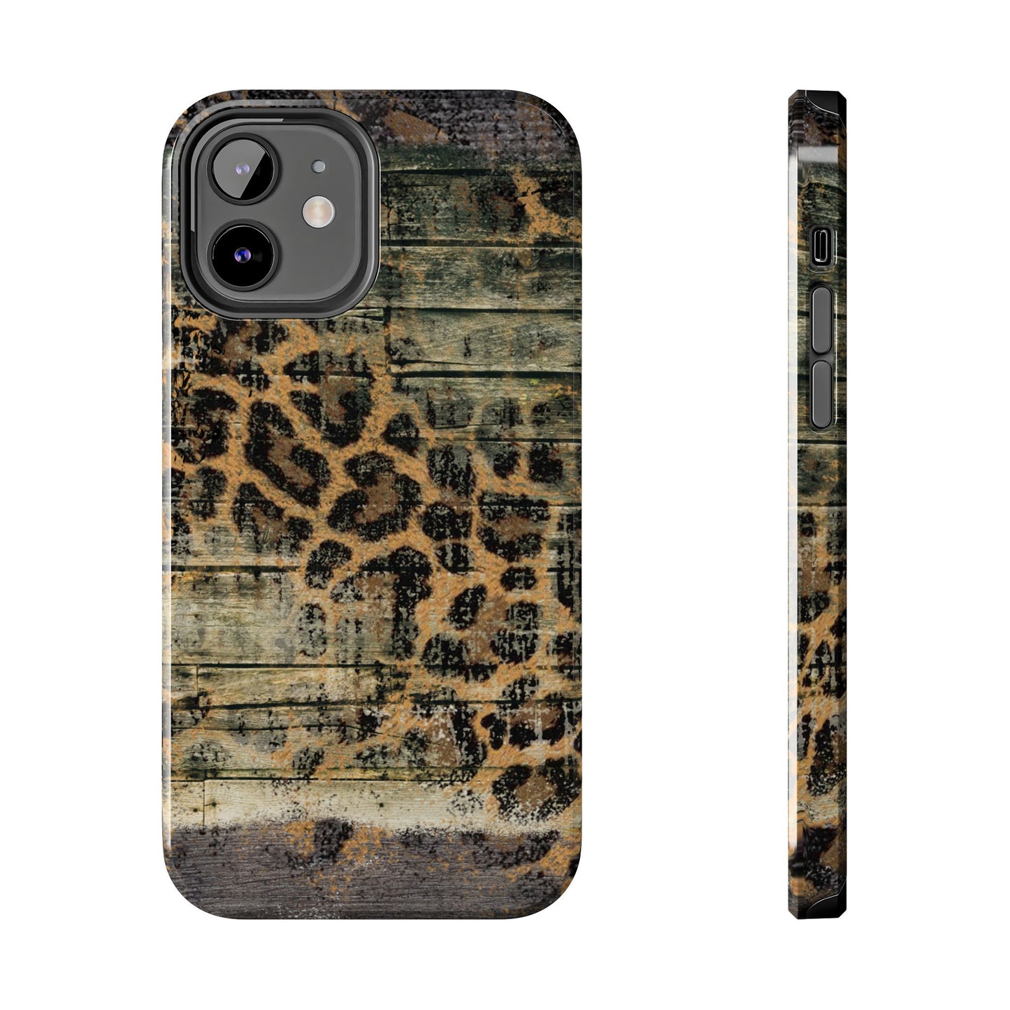 Rustic Wood and Leopard Print Tough iPhone Case – Distressed Western Design with Dual-Layer Protection