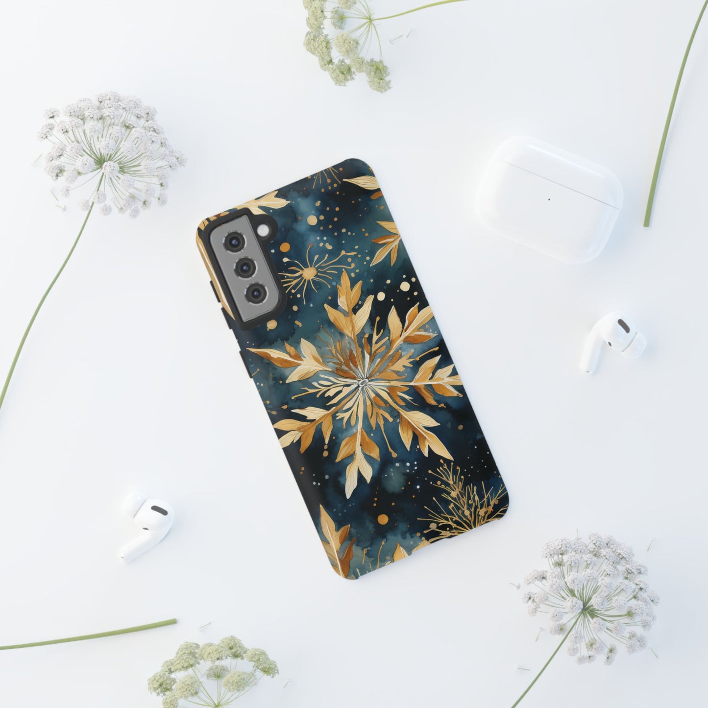 Gold Floral Snowflakes on Midnight Blue - Samsung Galaxy Series Case