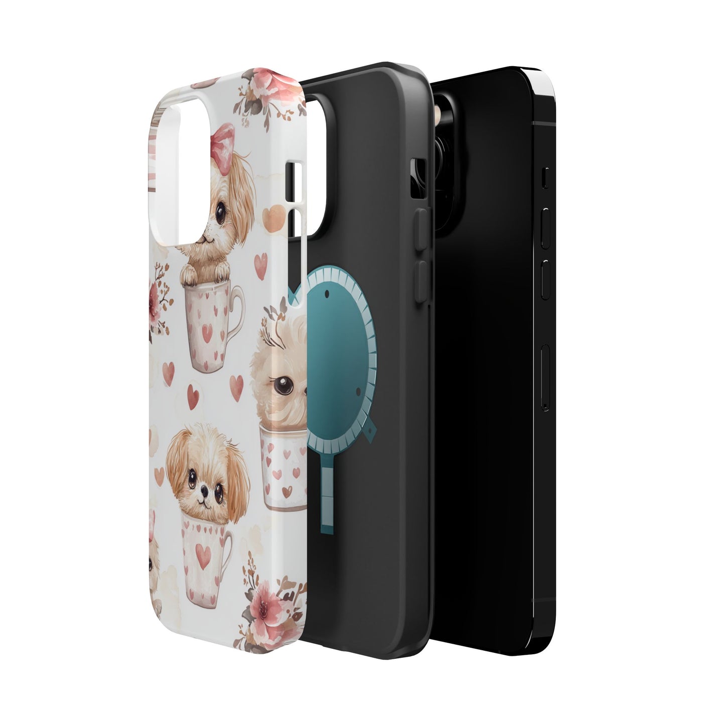 Cute Puppies in Heart MagSafe iPhone Case – Adorable Dog & Floral Design, Shockproof & Slim