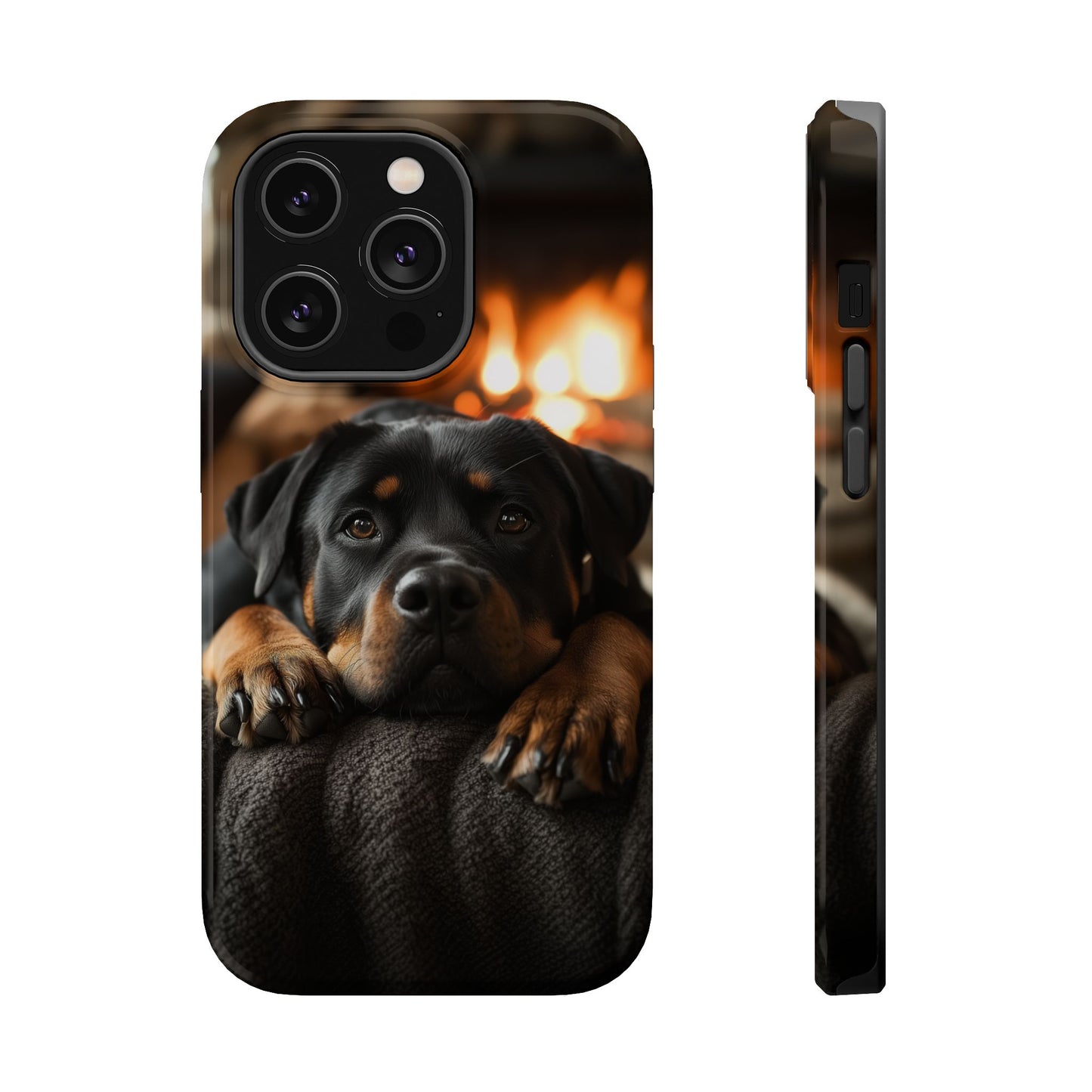 Cozy Rottweiler by the Fireplace MagSafe iPhone Case – Warm Rustic Design